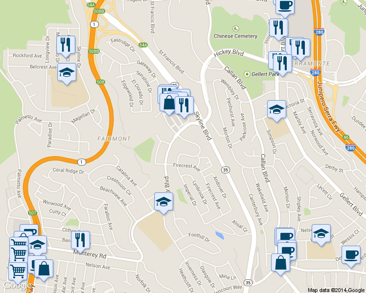 map of restaurants, bars, coffee shops, grocery stores, and more near 668 Hickey Boulevard in Pacifica