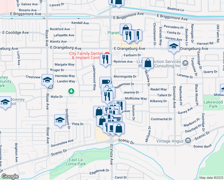 map of restaurants, bars, coffee shops, grocery stores, and more near 1088 Oakdale Road in Modesto
