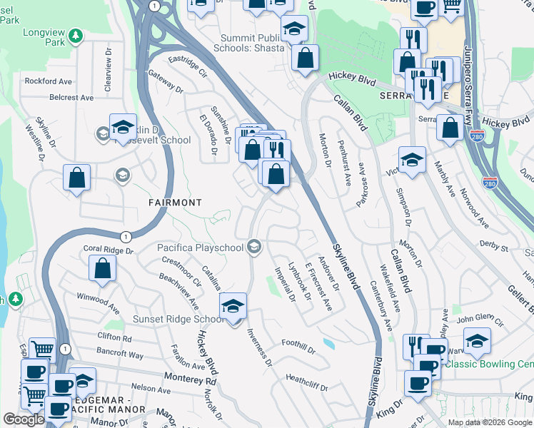 map of restaurants, bars, coffee shops, grocery stores, and more near 670 Hickey Boulevard in Pacifica