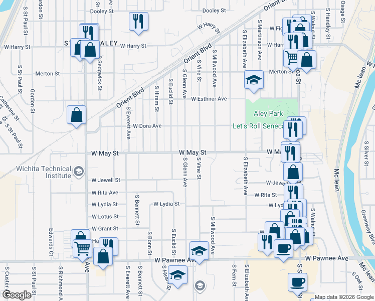 map of restaurants, bars, coffee shops, grocery stores, and more near 1956 South Glenn Avenue in Wichita
