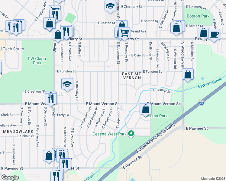 map of restaurants, bars, coffee shops, grocery stores, and more near 1902 South Ridgewood Drive in Wichita