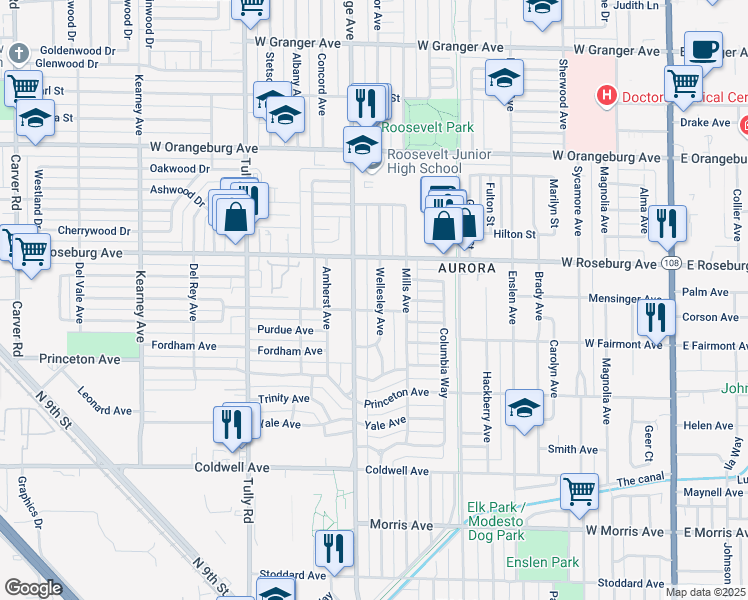 map of restaurants, bars, coffee shops, grocery stores, and more near 1105 Wellesley Avenue in Modesto