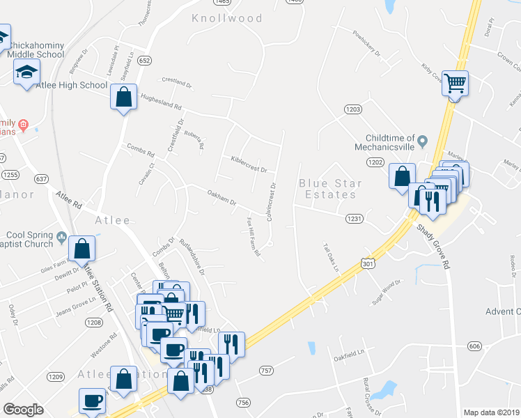 map of restaurants, bars, coffee shops, grocery stores, and more near 9355 Colvincrest Drive in Mechanicsville