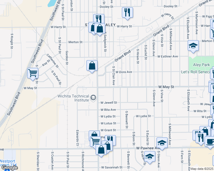 map of restaurants, bars, coffee shops, grocery stores, and more near 2324 West May Street in Wichita