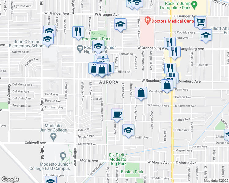 map of restaurants, bars, coffee shops, grocery stores, and more near 1025 Hackberry Ave in Modesto