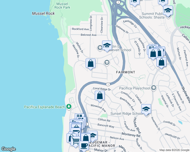 map of restaurants, bars, coffee shops, grocery stores, and more near 206 Golden Bay Drive in Pacifica