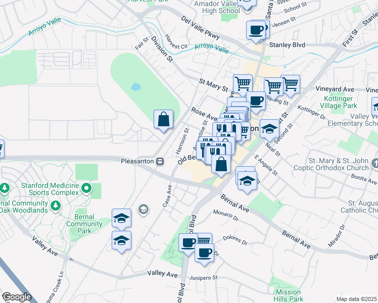 map of restaurants, bars, coffee shops, grocery stores, and more near 4704 Augustine Street in Pleasanton