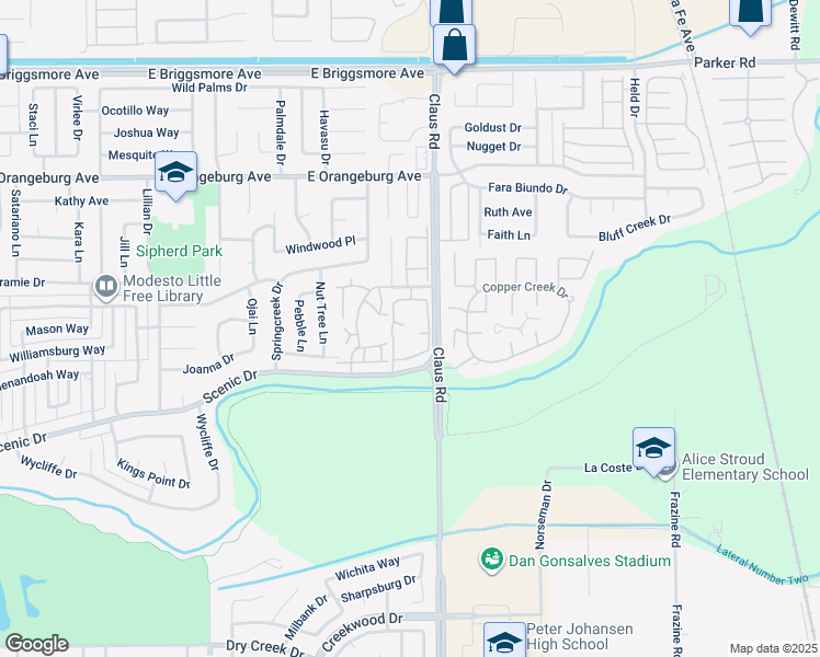 map of restaurants, bars, coffee shops, grocery stores, and more near 3925 Scenic Drive in Modesto