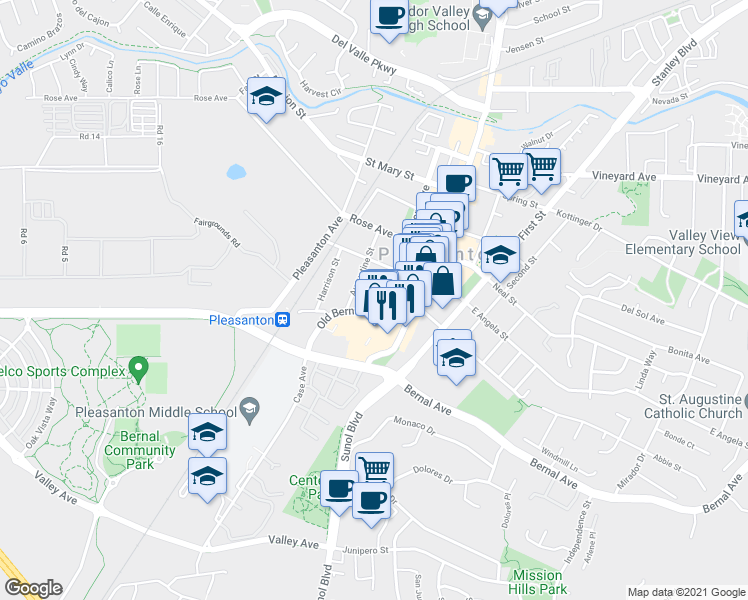 map of restaurants, bars, coffee shops, grocery stores, and more near 1 Peters Avenue in Pleasanton