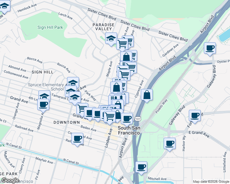 map of restaurants, bars, coffee shops, grocery stores, and more near 701 Linden Avenue in South San Francisco
