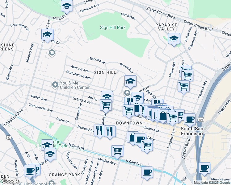 map of restaurants, bars, coffee shops, grocery stores, and more near 505 Elm Court in South San Francisco