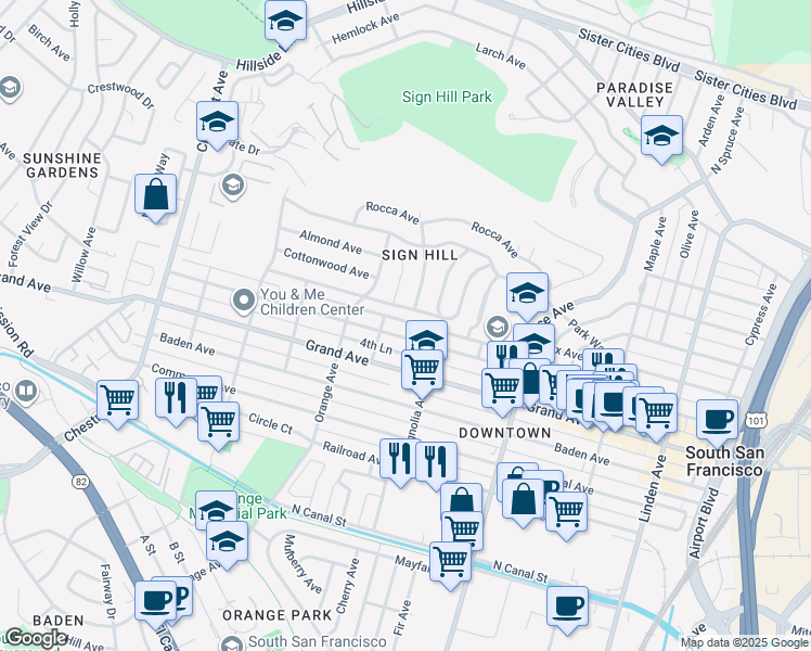 map of restaurants, bars, coffee shops, grocery stores, and more near 406 Locust Avenue in South San Francisco