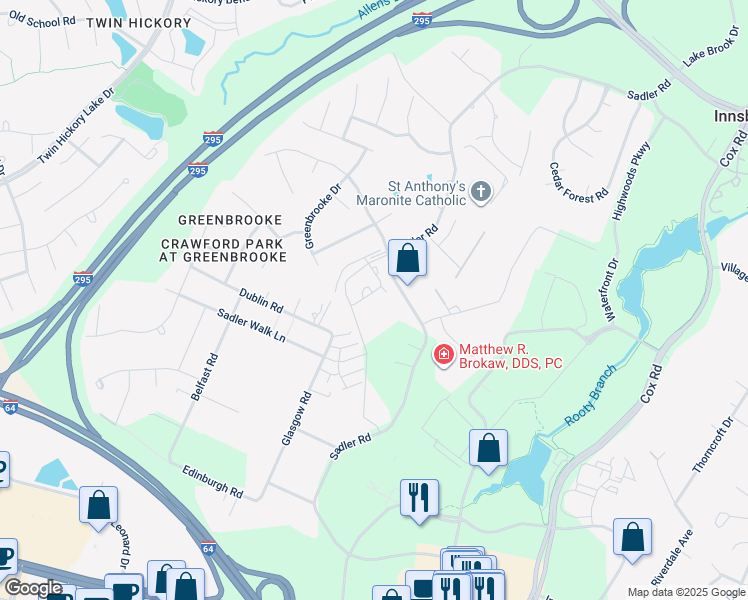 map of restaurants, bars, coffee shops, grocery stores, and more near 11423 Hayloft Lane in Glen Allen