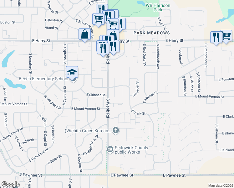 map of restaurants, bars, coffee shops, grocery stores, and more near 1909 South Hoyt Circle in Wichita