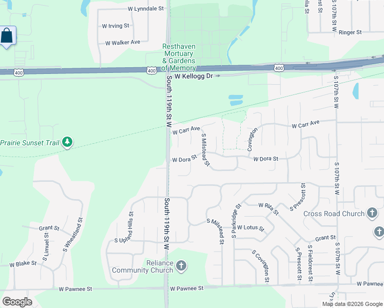 map of restaurants, bars, coffee shops, grocery stores, and more near 11827 West Carr Court in Wichita