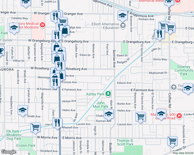 map of restaurants, bars, coffee shops, grocery stores, and more near 408 Palm Avenue in Modesto