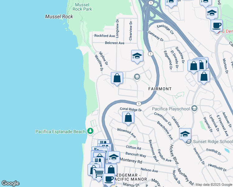 map of restaurants, bars, coffee shops, grocery stores, and more near 138 Paradise Drive in Pacifica