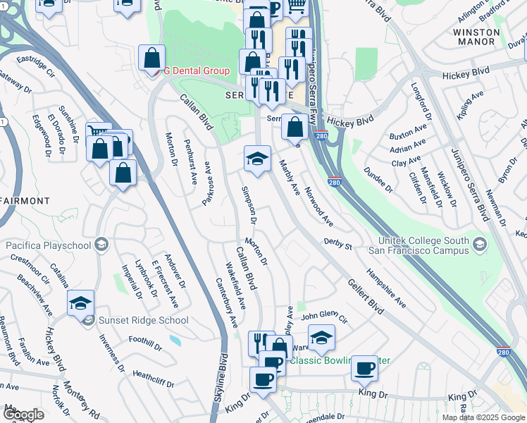 map of restaurants, bars, coffee shops, grocery stores, and more near 10 Parnell Avenue in Daly City