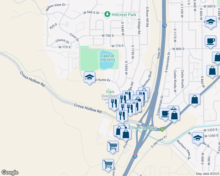 map of restaurants, bars, coffee shops, grocery stores, and more near 2077 West Royal Hunte Drive in Cedar City