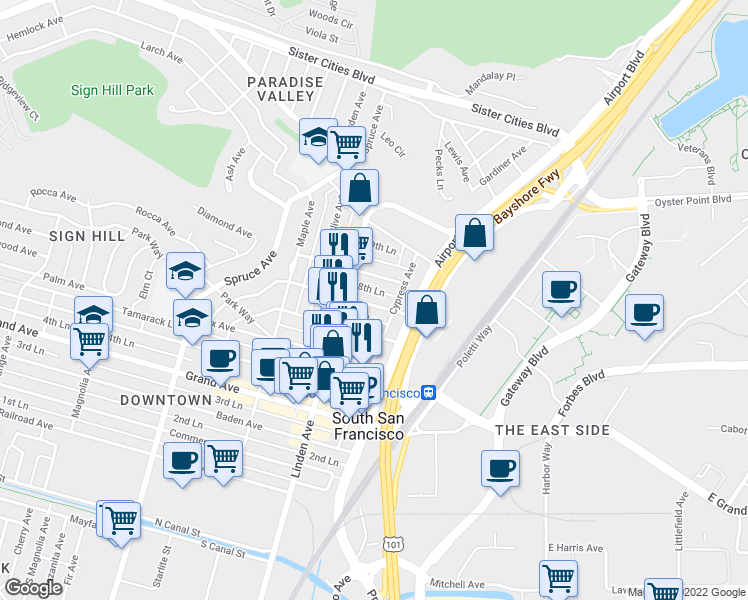 map of restaurants, bars, coffee shops, grocery stores, and more near 218 Pine Avenue in South San Francisco