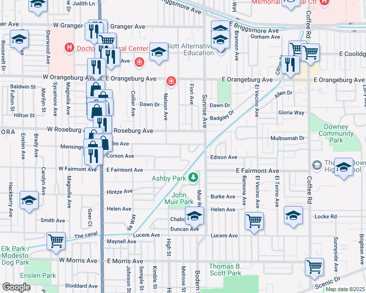 map of restaurants, bars, coffee shops, grocery stores, and more near 500 Palm Avenue in Modesto
