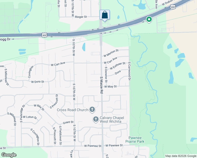 map of restaurants, bars, coffee shops, grocery stores, and more near 10406 West Dora Circle in Wichita