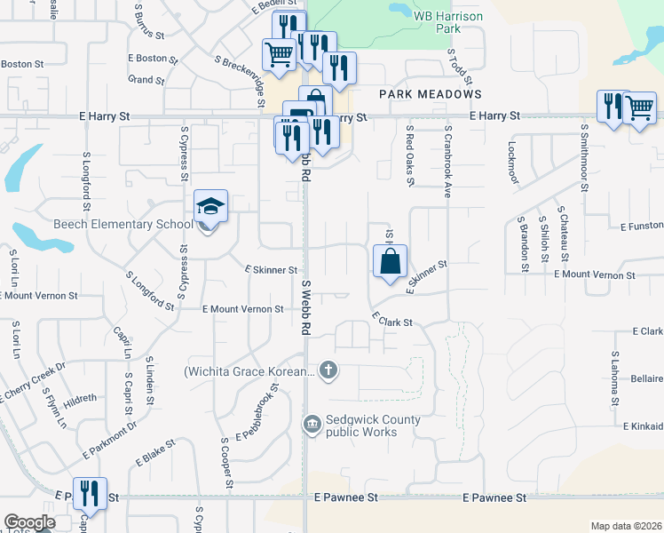 map of restaurants, bars, coffee shops, grocery stores, and more near 1909 South Hoyt Circle in Wichita
