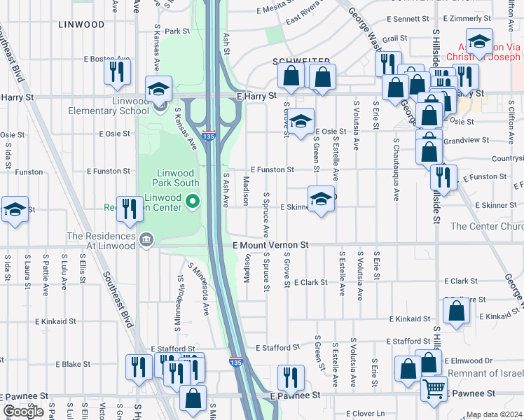 map of restaurants, bars, coffee shops, grocery stores, and more near 1901 South Spruce Street in Wichita