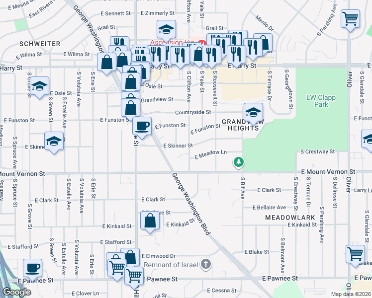 map of restaurants, bars, coffee shops, grocery stores, and more near 3521 East Skinner Street in Wichita
