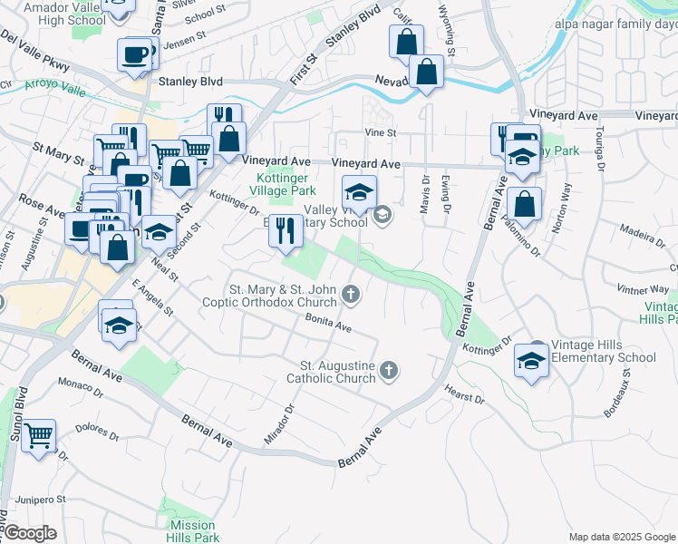 map of restaurants, bars, coffee shops, grocery stores, and more near 4224 Cabernet Court in Pleasanton