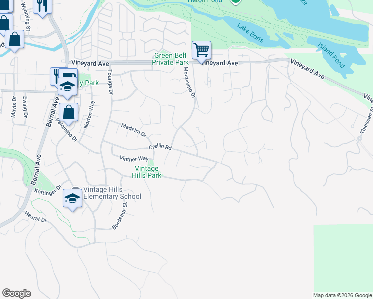 map of restaurants, bars, coffee shops, grocery stores, and more near 942 Finovino Court in Pleasanton