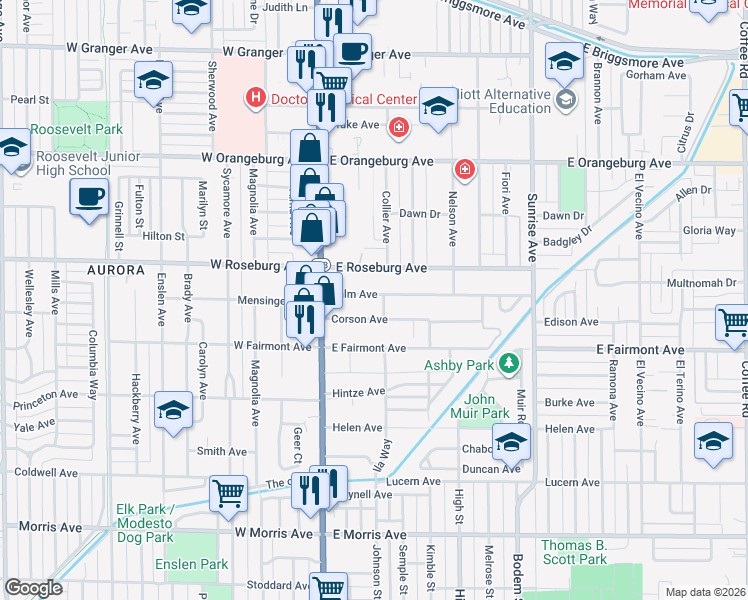 map of restaurants, bars, coffee shops, grocery stores, and more near 136 Palm Avenue in Modesto