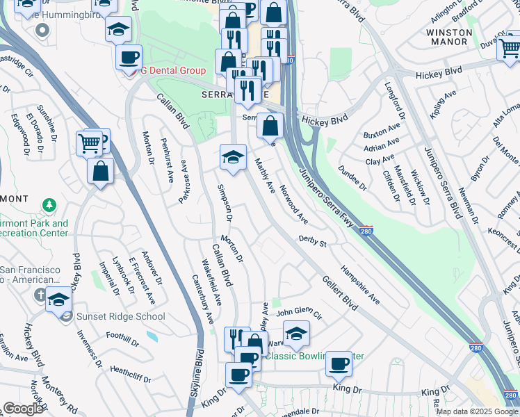 map of restaurants, bars, coffee shops, grocery stores, and more near 578 Gellert Boulevard in Daly City