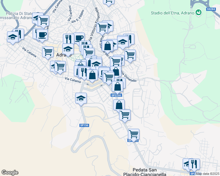 map of restaurants, bars, coffee shops, grocery stores, and more near Via Capuccini in Adrano