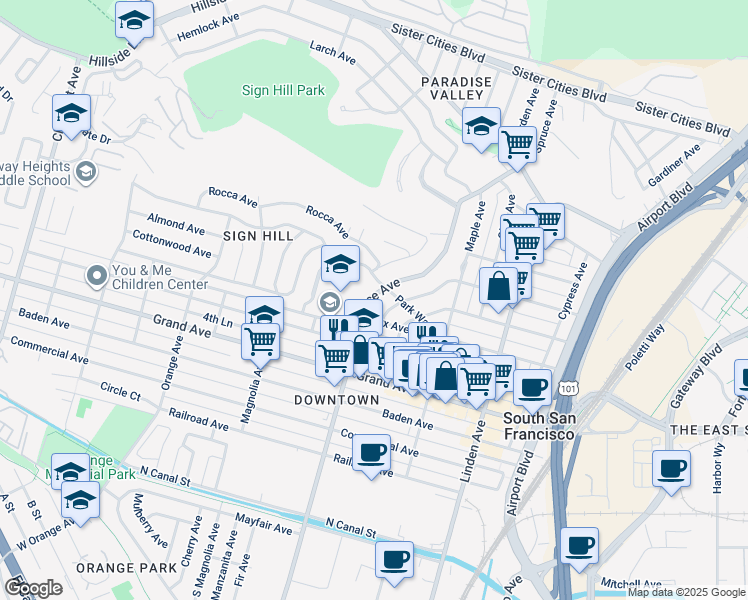 map of restaurants, bars, coffee shops, grocery stores, and more near 520 Spruce Avenue in South San Francisco