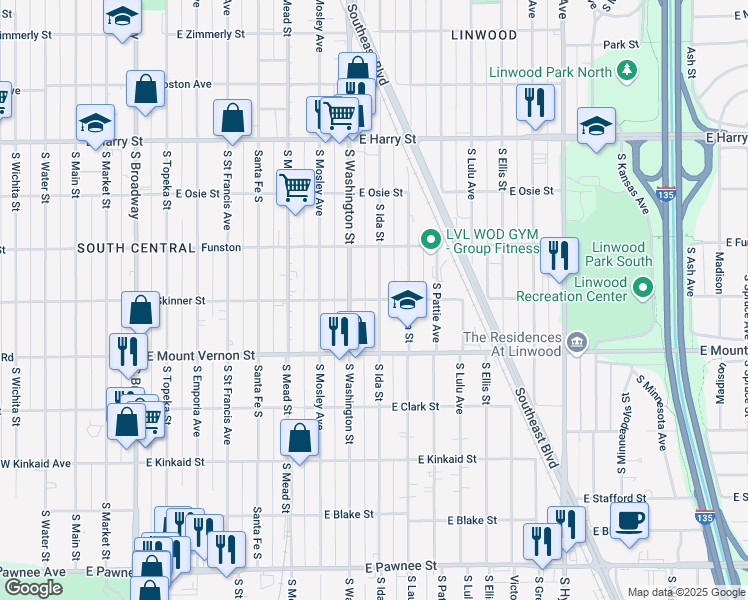 map of restaurants, bars, coffee shops, grocery stores, and more near 1052 East Skinner Street in Wichita