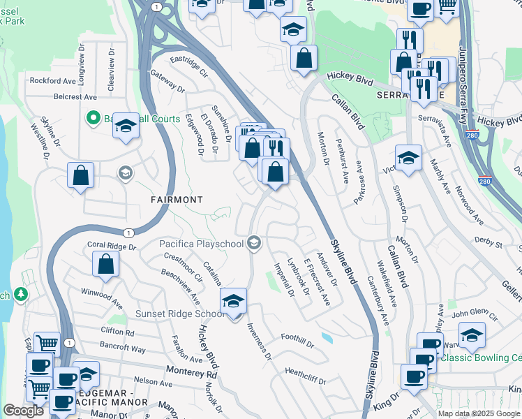 map of restaurants, bars, coffee shops, grocery stores, and more near 668 Hickey Boulevard in Pacifica