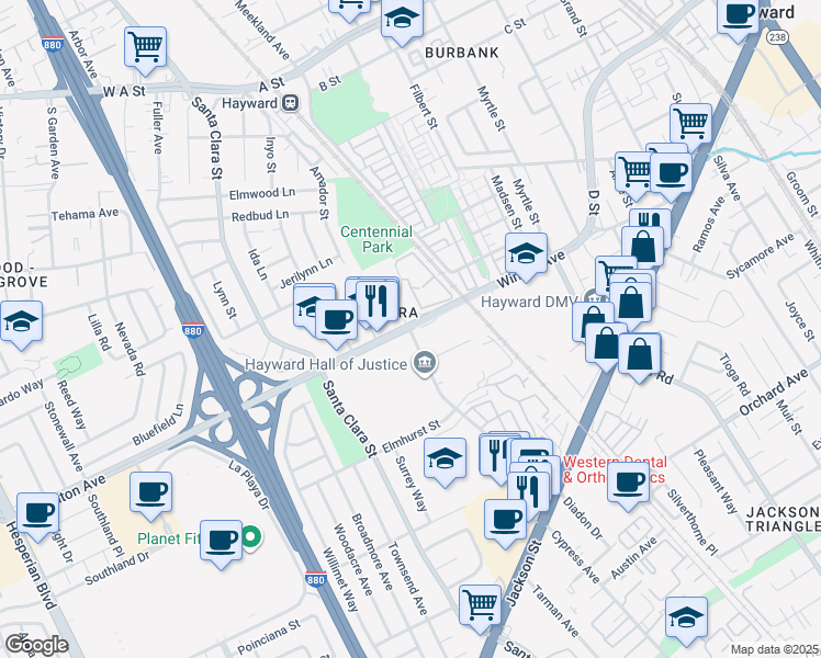 map of restaurants, bars, coffee shops, grocery stores, and more near 24100 Amador Street in Hayward