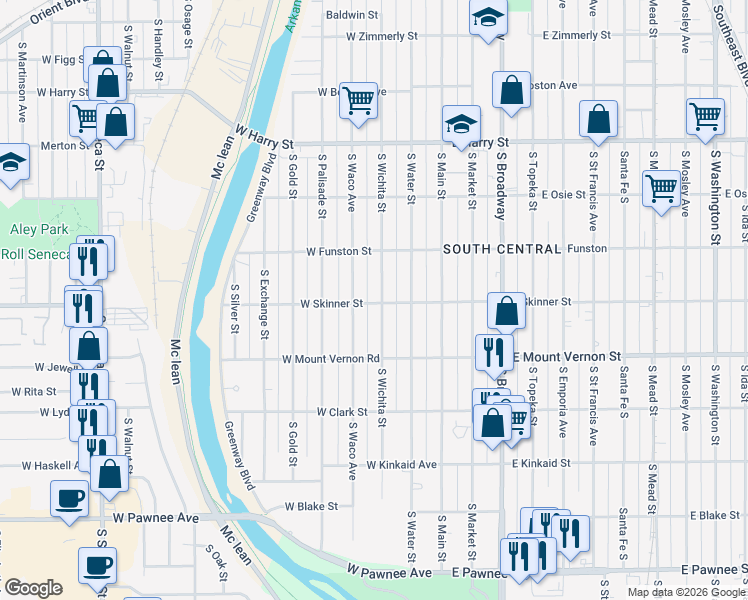 map of restaurants, bars, coffee shops, grocery stores, and more near 187 West Skinner Street in Wichita