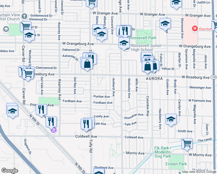 map of restaurants, bars, coffee shops, grocery stores, and more near 1106 Notre Dame Avenue in Modesto