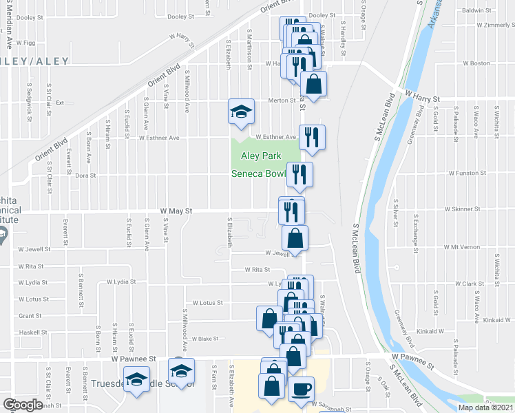 map of restaurants, bars, coffee shops, grocery stores, and more near 1324 West May Street in Wichita