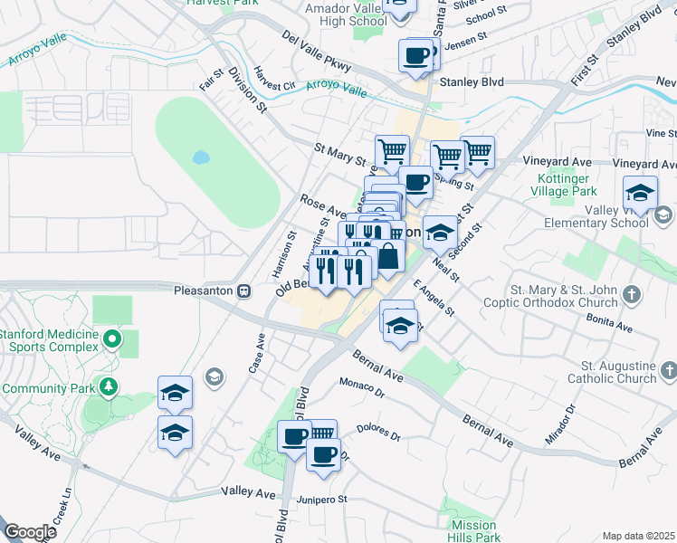 map of restaurants, bars, coffee shops, grocery stores, and more near 1 Peters Avenue in Pleasanton