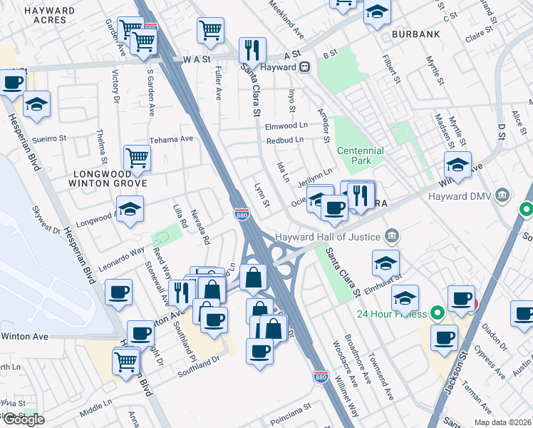 map of restaurants, bars, coffee shops, grocery stores, and more near 23795 Lynn Street in Hayward
