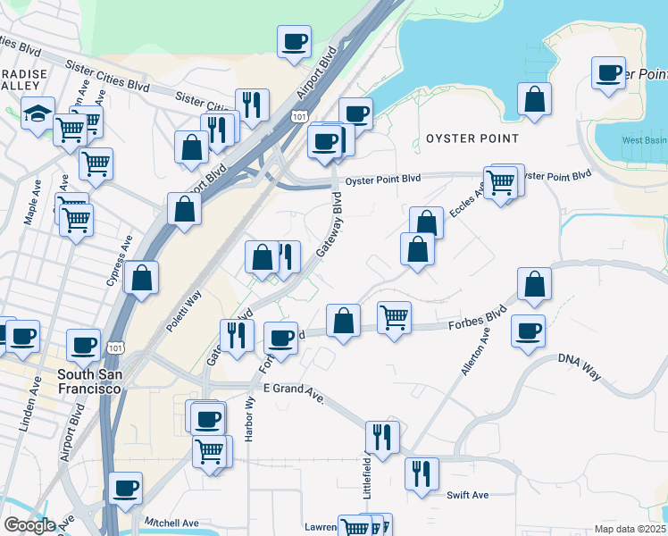 map of restaurants, bars, coffee shops, grocery stores, and more near 700 Gateway Boulevard in South San Francisco