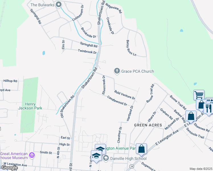 map of restaurants, bars, coffee shops, grocery stores, and more near 108 Silvercreek Drive in Danville