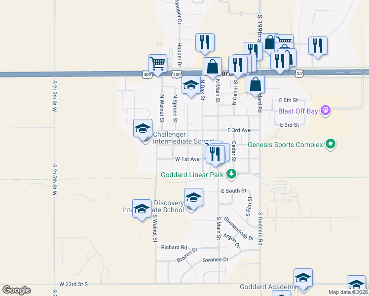 map of restaurants, bars, coffee shops, grocery stores, and more near 227 Pine Street in Goddard