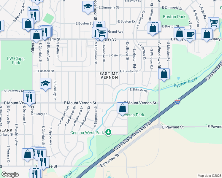 map of restaurants, bars, coffee shops, grocery stores, and more near 5733 East Skinner Street in Wichita