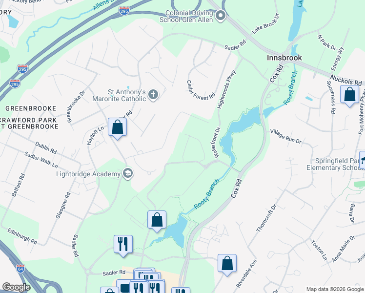 map of restaurants, bars, coffee shops, grocery stores, and more near 11171 Thorncroft Drive in Glen Allen