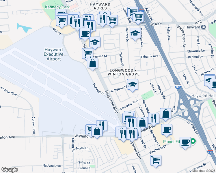 map of restaurants, bars, coffee shops, grocery stores, and more near 22454 Hesperian Boulevard in Hayward