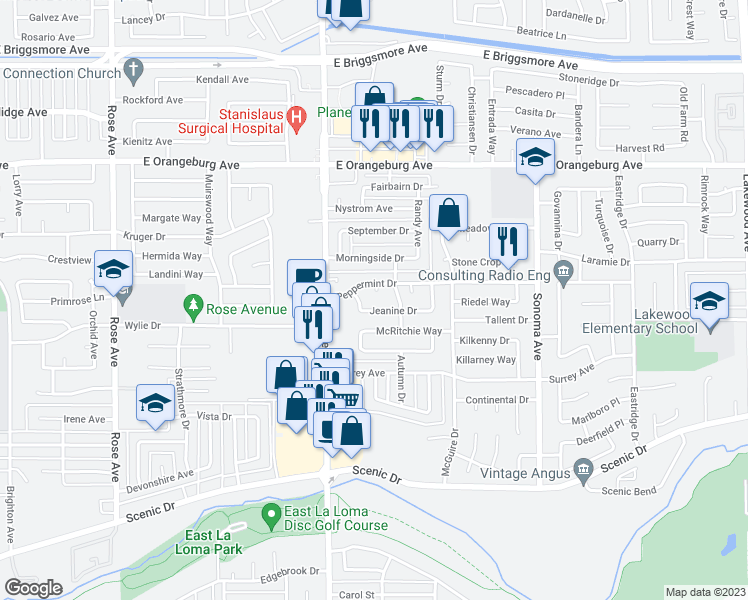 map of restaurants, bars, coffee shops, grocery stores, and more near 1113 Peppermint Court in Modesto